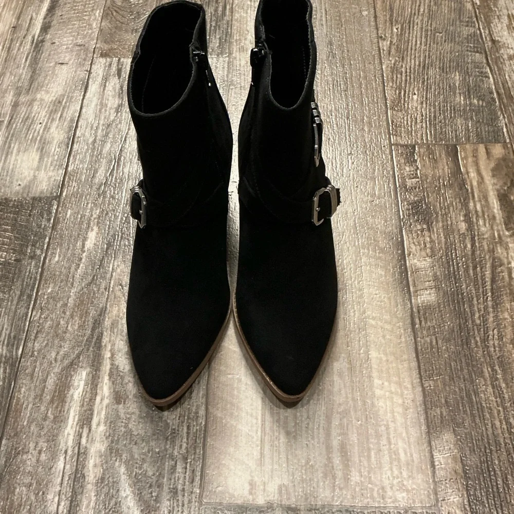 Sun + Stone Black Ankle Boots with Silver Buckles Size 7
